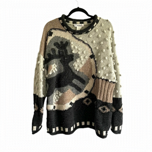 Vintage Wool Oversized Chunky Knit Sweater Deer Grey 42